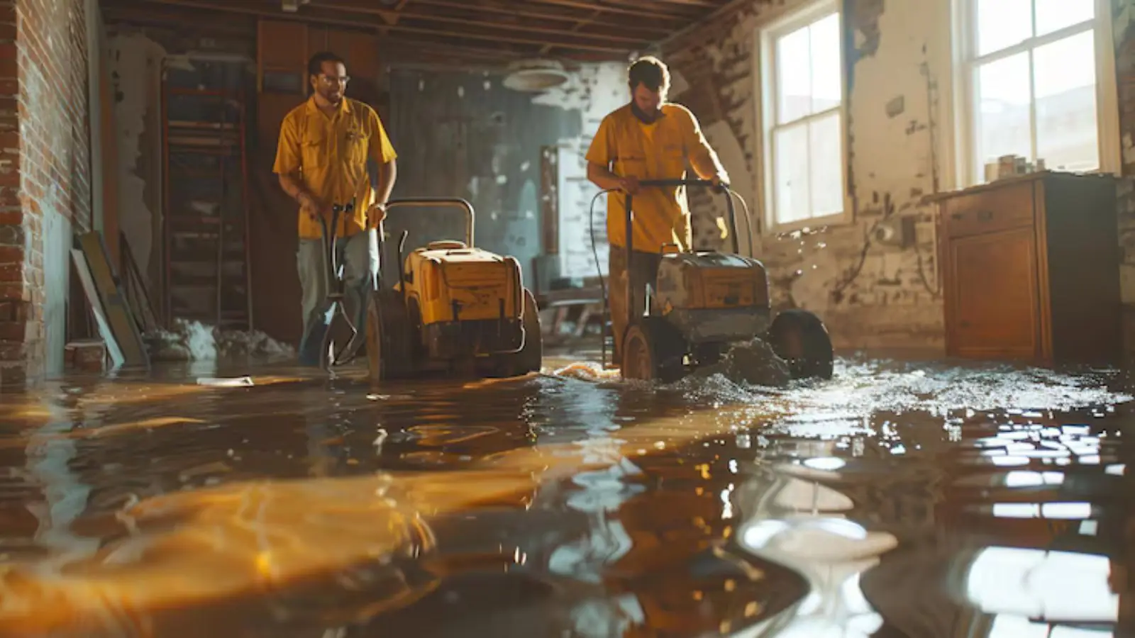 Two restoration workers running extraction equipment in a flooded basement